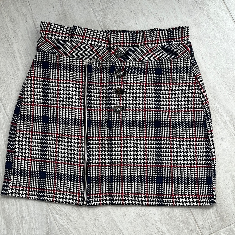 Topshop unlined, Blue,black, red white plaid button skirt. Size 6 US